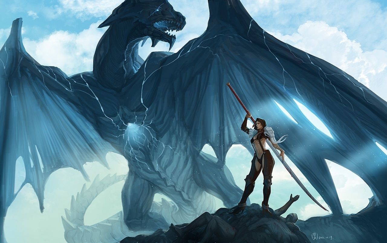 Drache, Kriegerin, Schwert, Blau, Fantasy-Kunst, HD, Desktop-Hintergrund für Windows