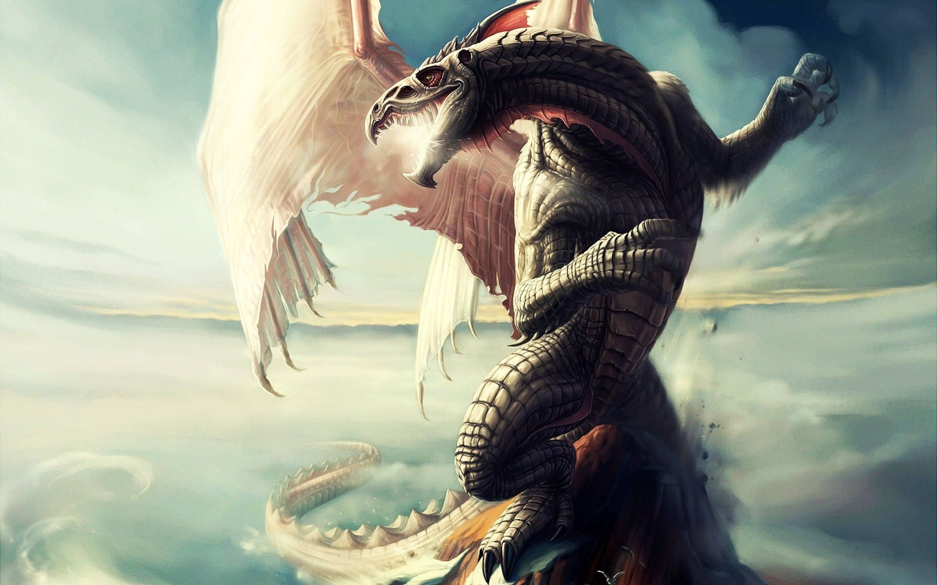 Drache, Weiße Flügel, Wolken, Schuppen, Fantasy, 16:10, Full-HD-Hintergrundbild für den Desktop