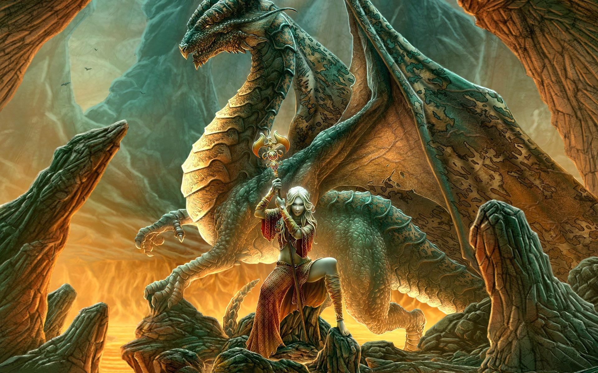 Grüner Drache, Kriegerin, Höhle, Goldenes Licht, Fantasy-Kunst, Full HD, MacBook-Hintergrundbild