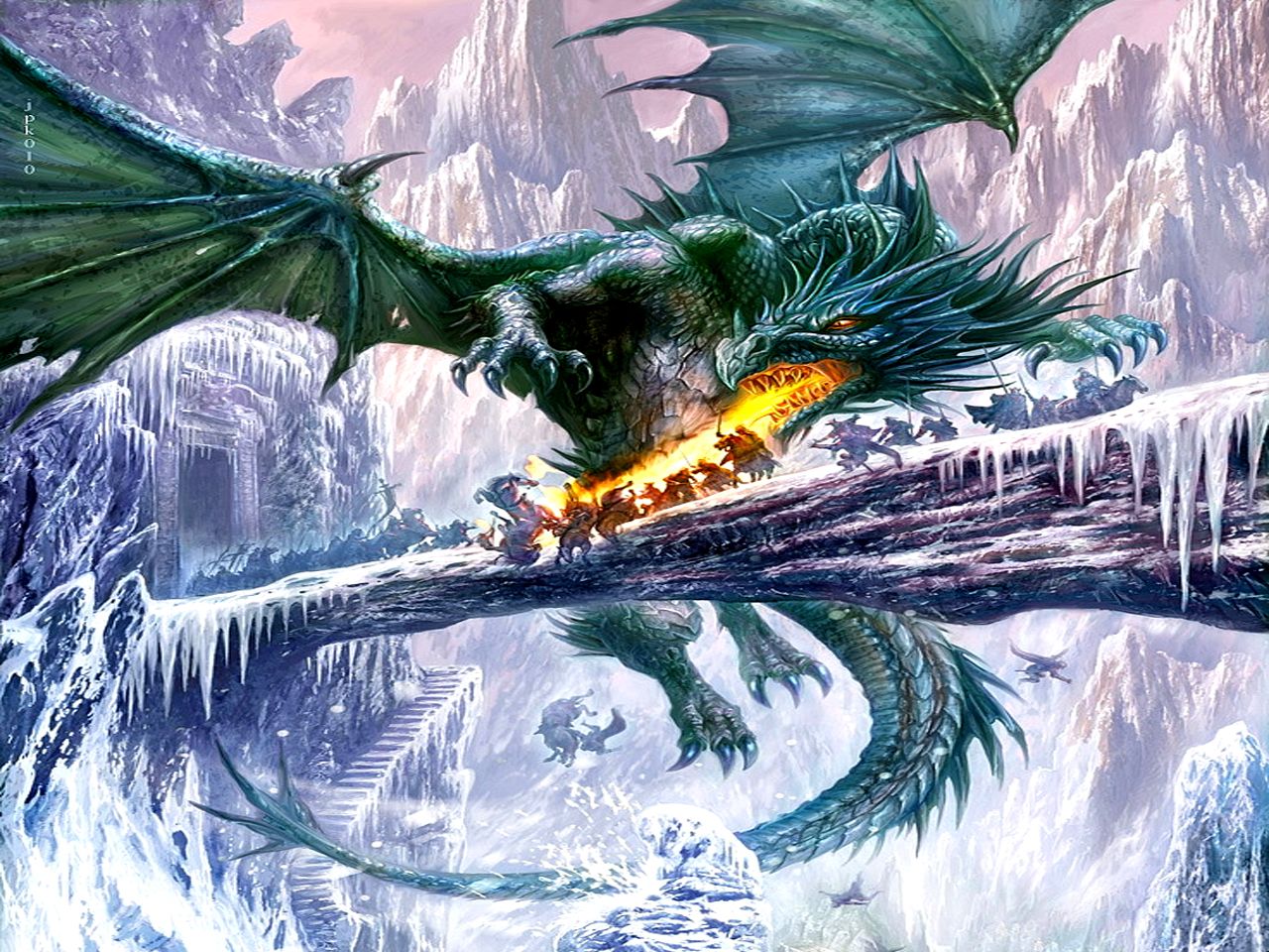 Grüner Drache, Eis, Feueratem, Gletscher, Fantasy, HD, Hintergrundbild fürs Tablet