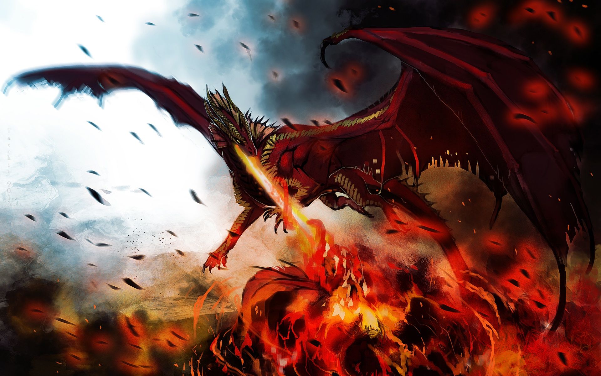 Roter Drache, Feueratem, Flammen, Flügel, Fantasy-Kunst, Full HD, Breitbild-Hintergrundbild