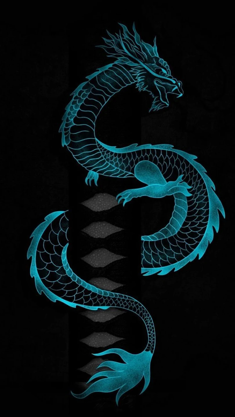 Chinesischer Drache, Türkis, Schwarzer Hintergrund, Minimalistisch, Hochformat, Sperrbildschirm