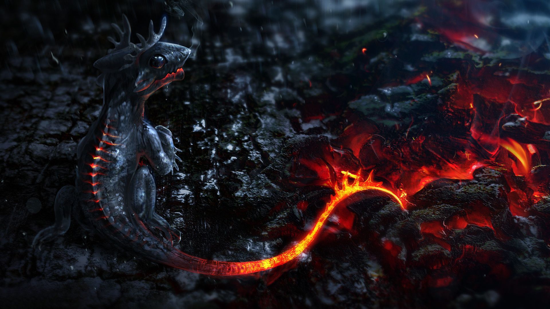 Drache, Glut, Lava, Schwarz, Leuchtender Schwanz, 16:9, Full-HD-Hintergrundbild für den Desktop