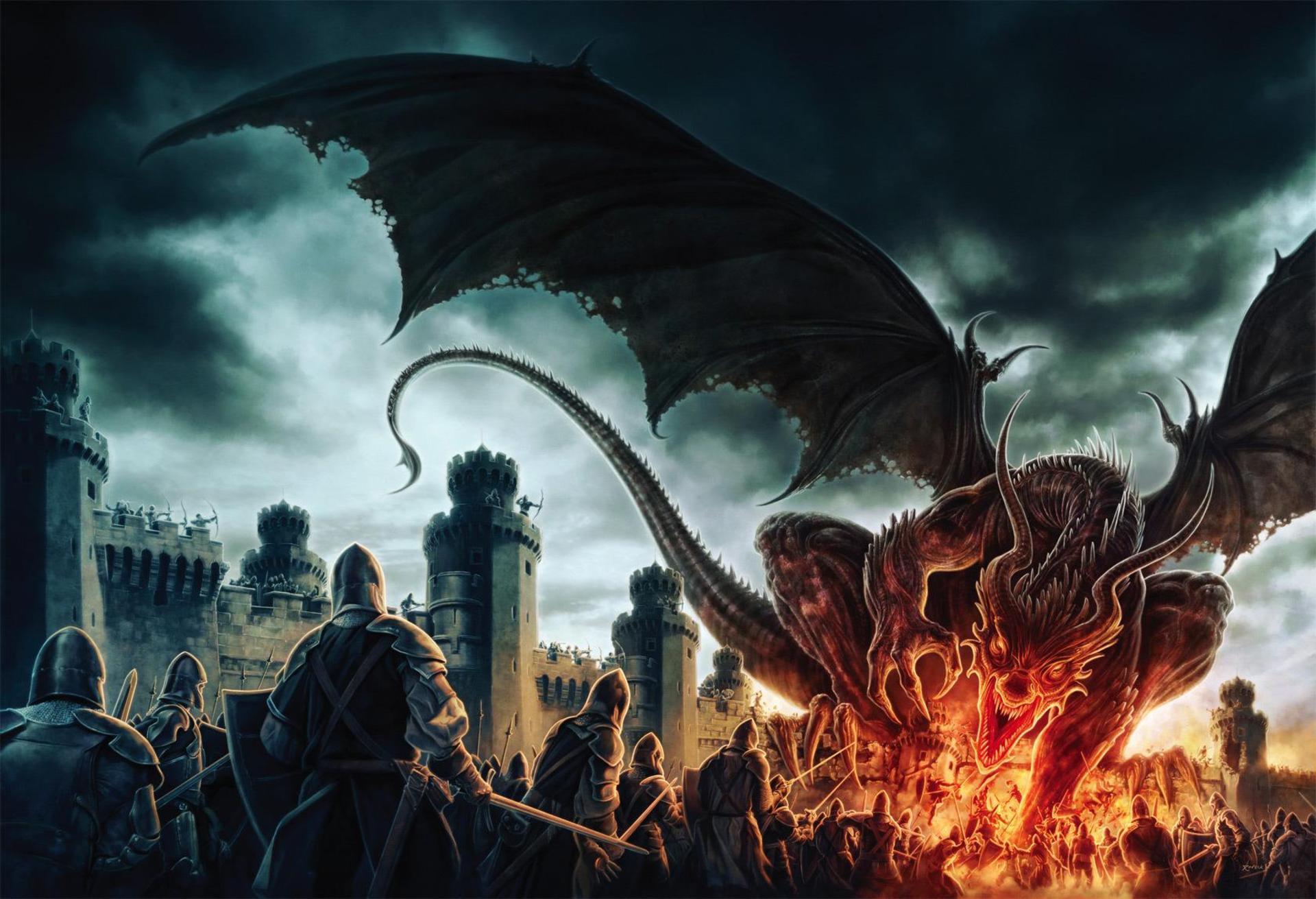 Schwarzer Drache, Burg, Belagerung, Feuer, Dark Fantasy, Full-HD-Hintergrundbild für PC