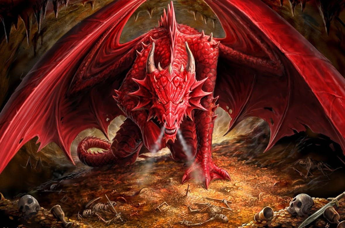 Roter Drache, Goldschatz, Frontansicht, Flügel, Fantasy-Kunst, Hintergrund