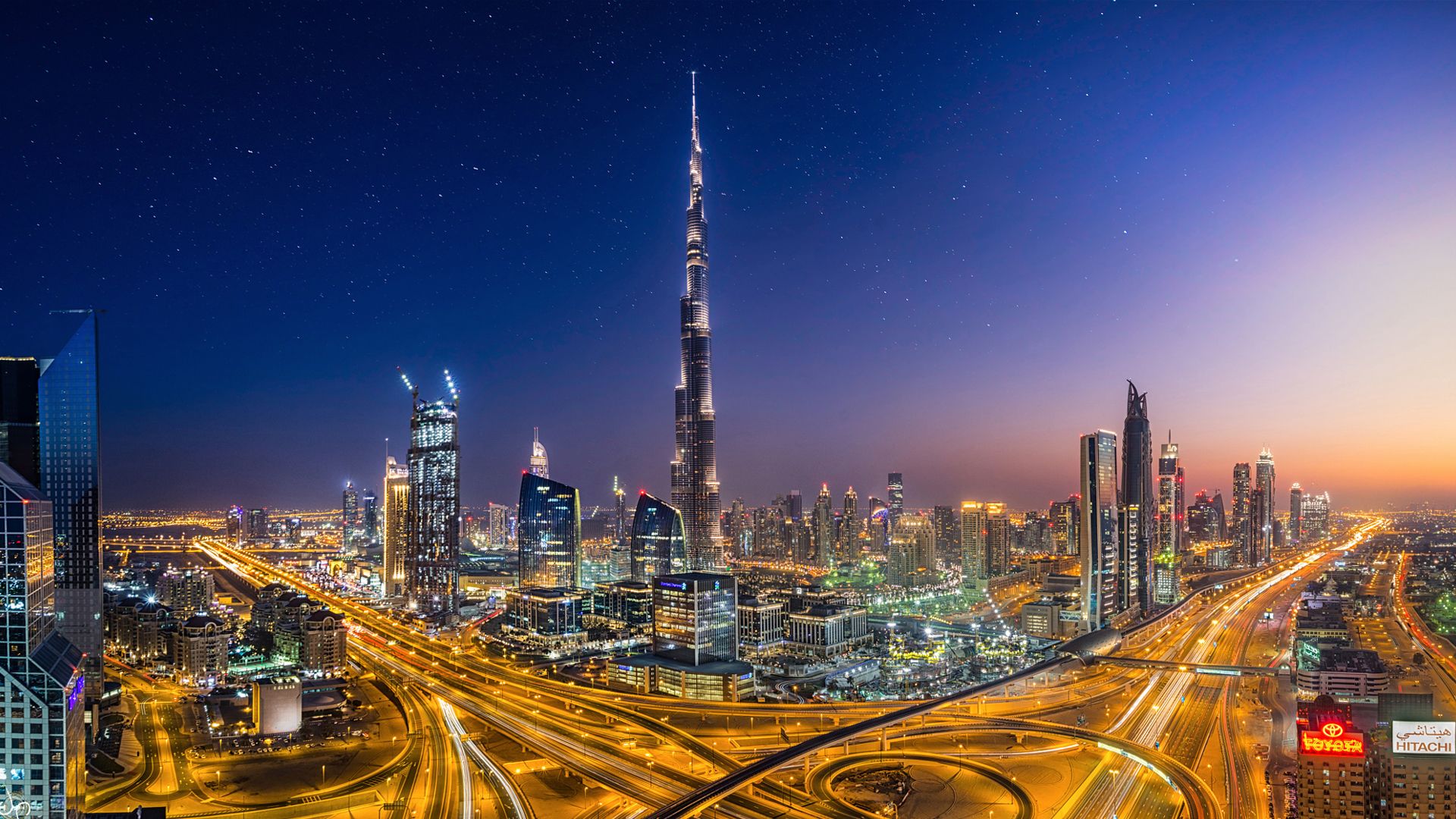 Burj Khalifa, Sheikh Zayed Road, Dubai, Skyline, Blaue Stunde, Lichtspuren, Sternenhimmel, 1080p-Hintergrundbild