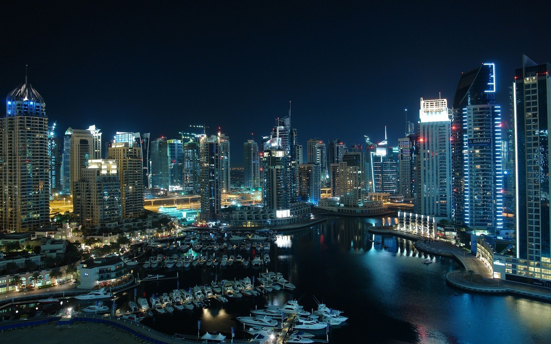 Dubai Marina, Dubai, Wolkenkratzer, Nacht, Yachthafen, Stadtlichter, Full HD, Laptop-Hintergrundbild