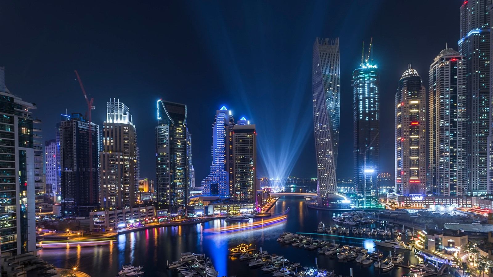 Dubai Marina, Dubai, Wolkenkratzer, Nacht, Scheinwerfer, Kanal, Lichtshow, HD, PC-Hintergrundbild