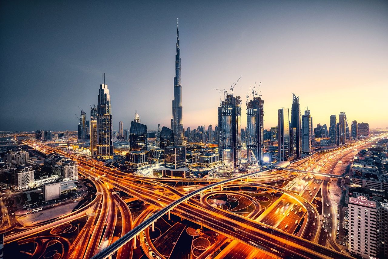 Burj Khalifa, Sheikh Zayed Road, Dubai, Skyline, Dämmerung, Lichtspuren, Autobahnkreuz, HD-Desktop-Hintergrund