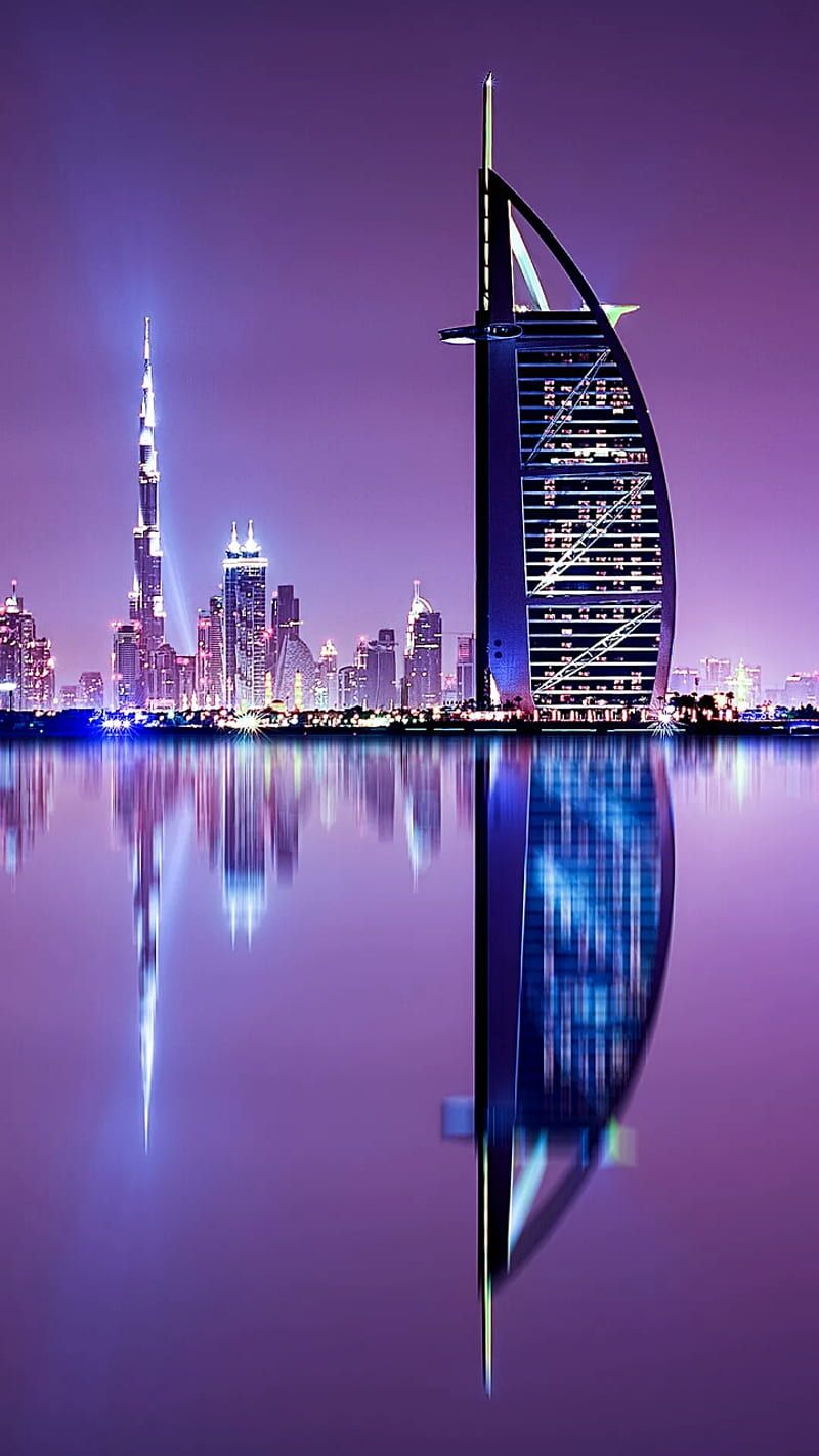 Burj al Arab, Dubai, Spiegelung, Lila Himmel, Luxushotel, Nacht, HD, Handy-Hintergrundbild