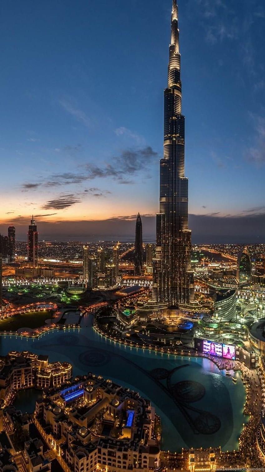 Burj Khalifa, Downtown Dubai, Dubai, Wolkenkratzer, Dämmerung, Hochformat, Android-Hintergrundbild