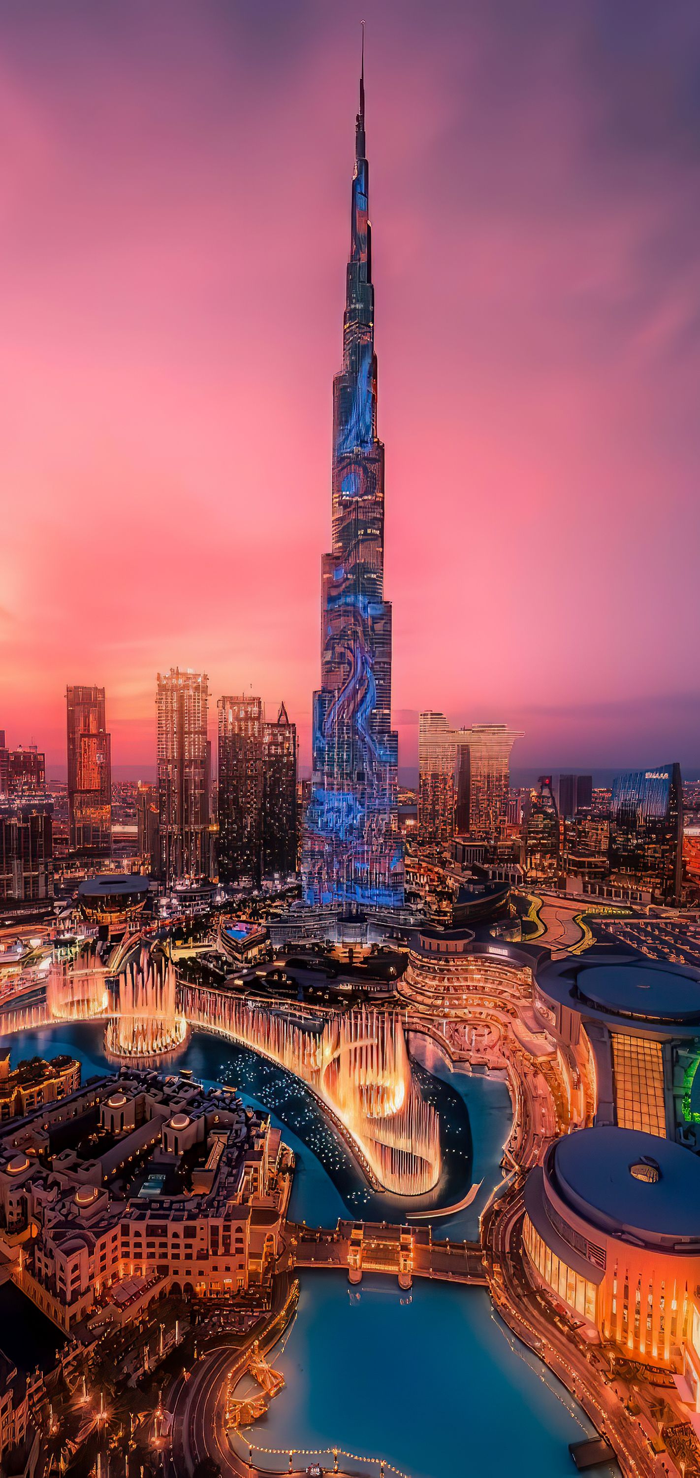Burj Khalifa, Dubai, Rosa Himmel, Sonnenuntergang, Wolkenkratzer, Hochformat, iPhone-Hintergrundbild