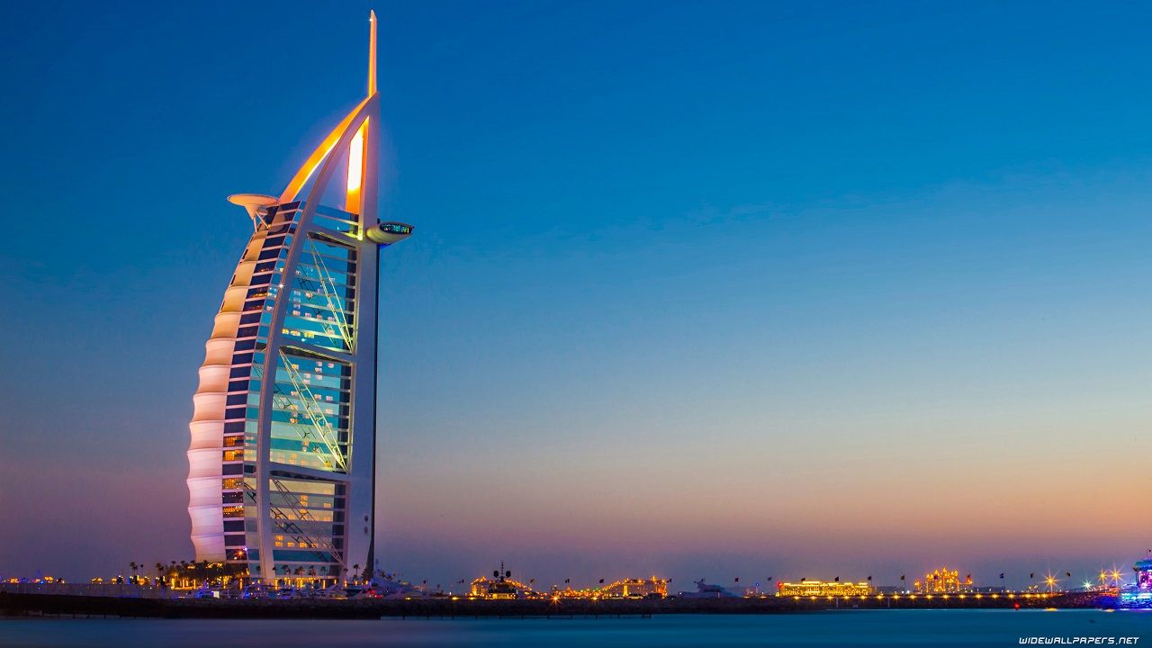 Burj al Arab, Dubai, Luxushotel, Abenddämmerung, Blauer Himmel, Architektur, HD-Hintergrundbild