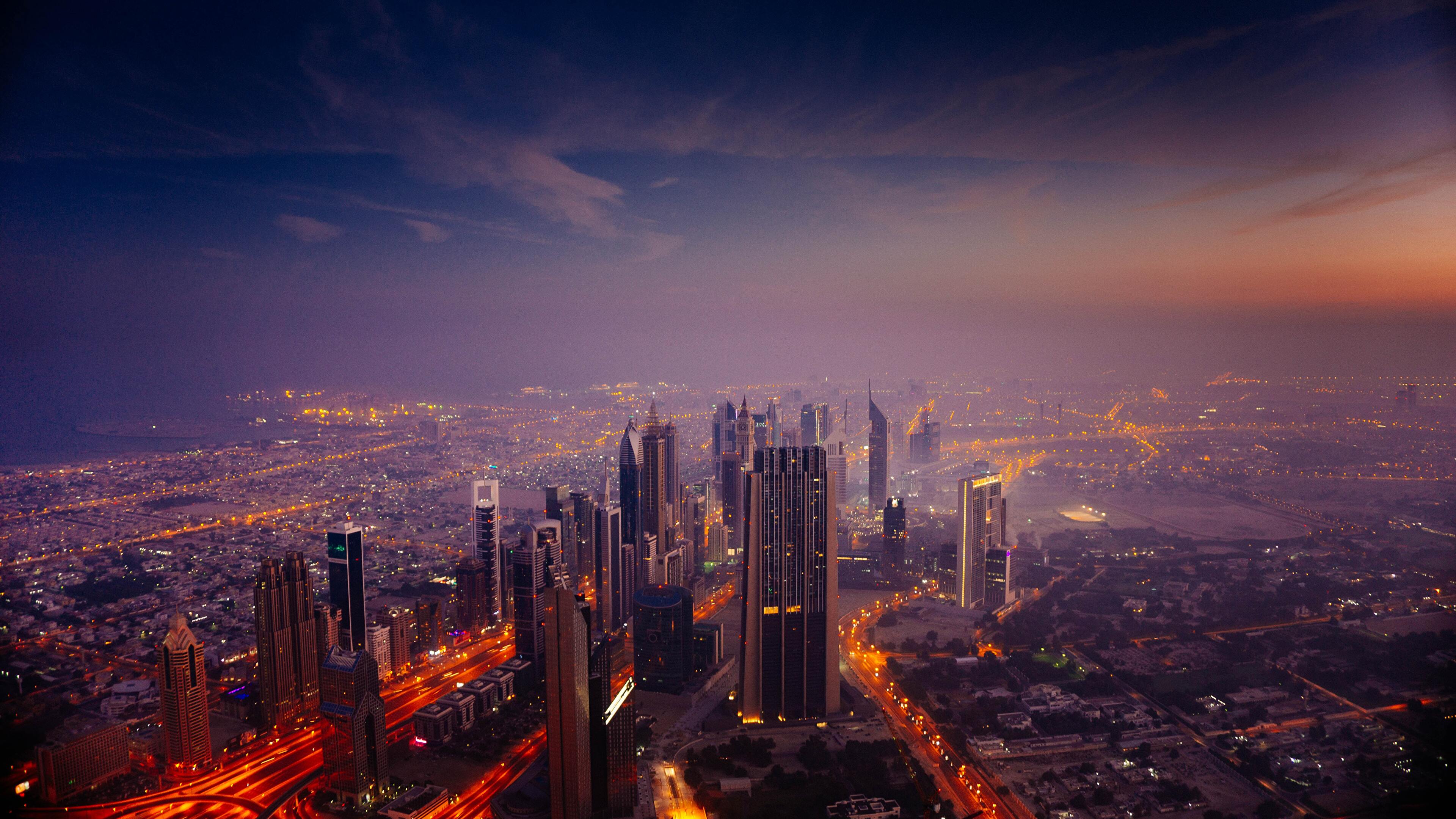 Dubai, Skyline, Dunst, Dämmerung, Luftaufnahme, Stadtlichter, 4K, PC-Hintergrundbild