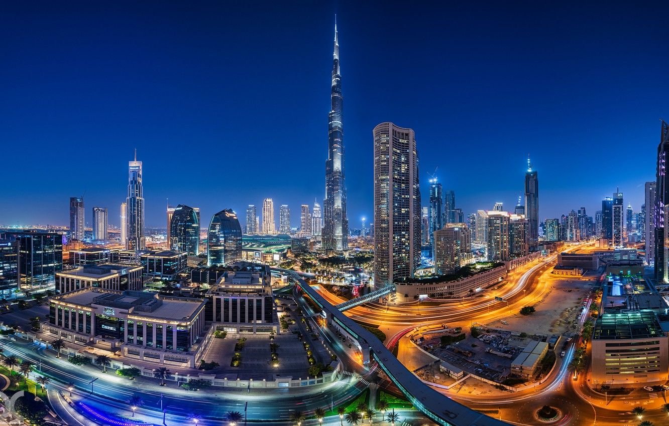 Burj Khalifa, Downtown Dubai, Dubai, Blaue Stunde, Lichtspuren, Skyline, HD, Desktop-Hintergrund