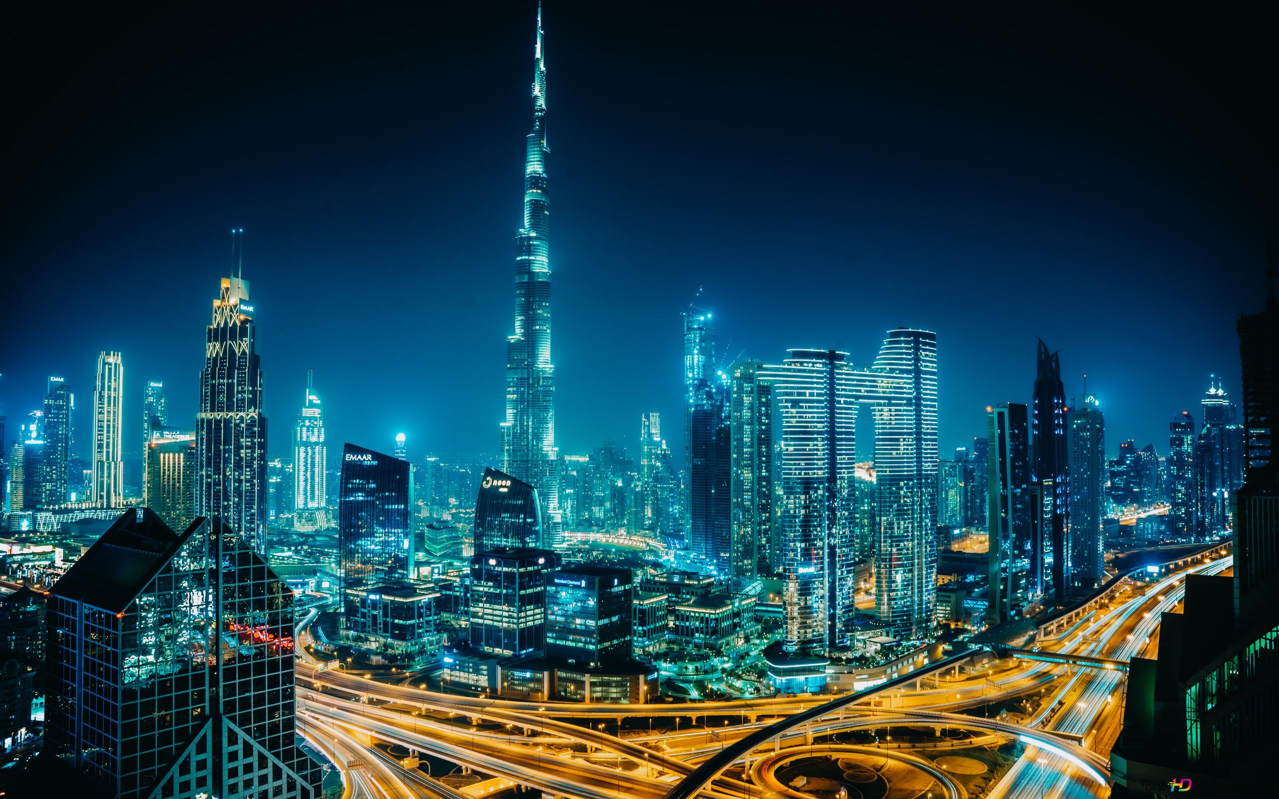 Burj Khalifa, Dubai, Skyline, Nacht, Türkise Lichter, Wolkenkratzer, 2K, Desktop-Hintergrund