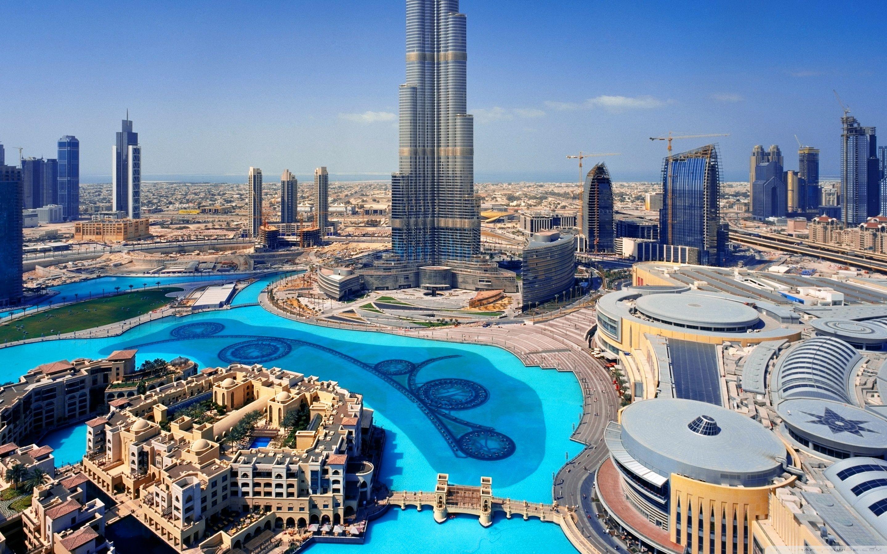Burj Khalifa, Dubai Mall, Dubai Fountain, Downtown Dubai, Dubai, Luftaufnahme, Tag, 2K-Hintergrundbild