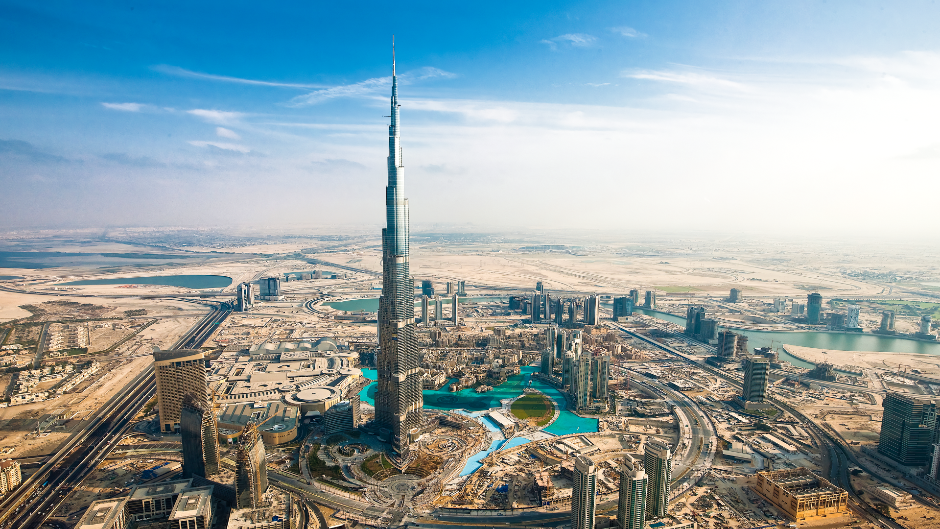 Burj Khalifa, Downtown Dubai, Dubai, Luftaufnahme, Wüstenstadt, Tag, Dunst, Full HD, Windows-Hintergrundbild