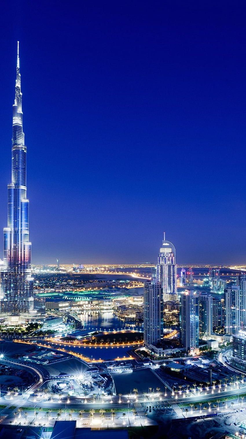 Burj Khalifa, Dubai, Blaue Stunde, Hochformat, Stadtlichter, Android-Hintergrundbild