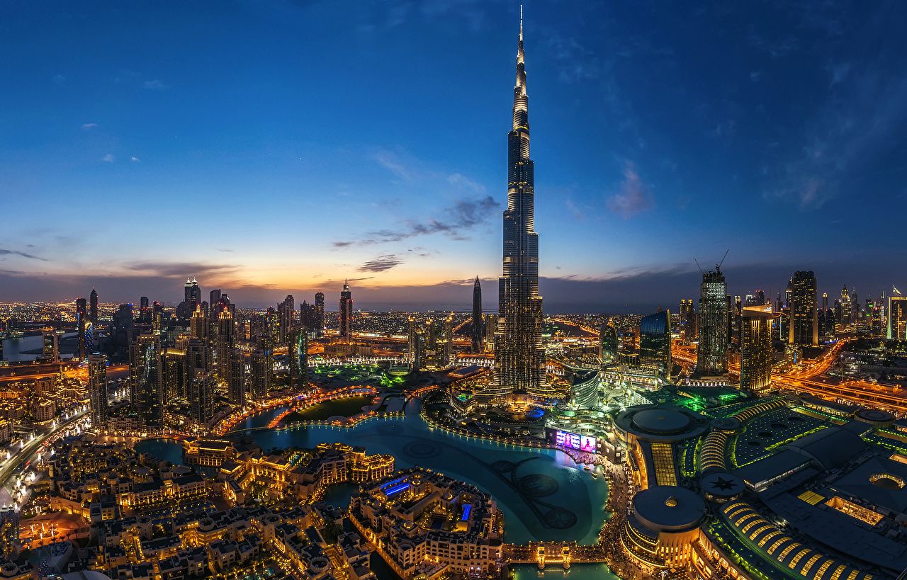 Burj Khalifa, Downtown Dubai, Dubai, Abenddämmerung, Stadtlichter, Skyline, HD-Hintergrundbild für PC