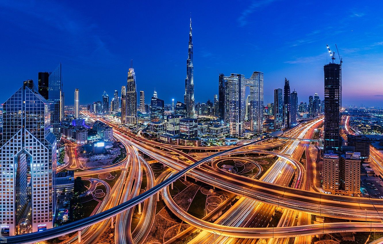 Burj Khalifa, Sheikh Zayed Road, Dubai, Autobahnkreuz, Lichtspuren, Dämmerung, HD-PC-Hintergrundbild