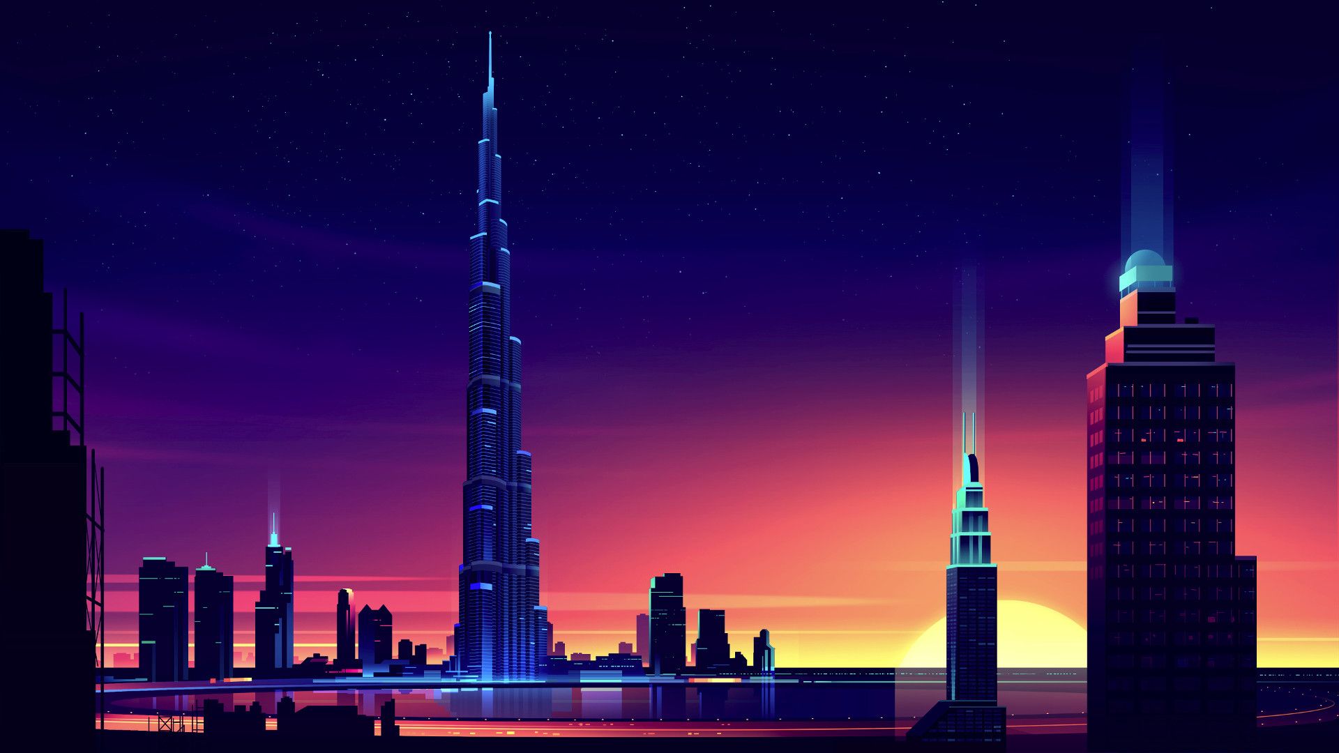 Burj Khalifa, Dubai, Silhouette, Sonnenuntergang, Digitale Kunst, Lila Himmel, 1080p Wallpaper