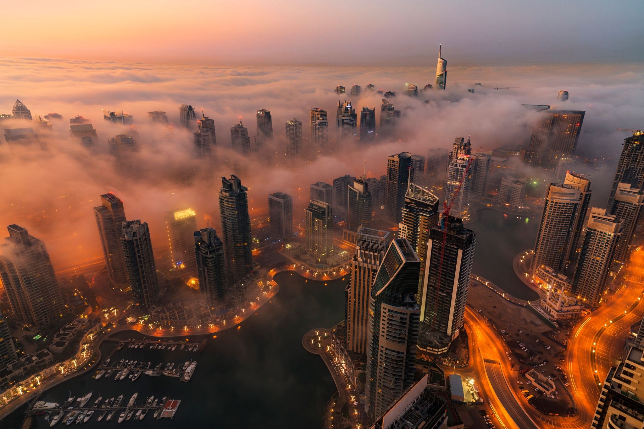 Dubai Marina, Dubai, Nebel, Wolkenkratzer, Luftaufnahme, Sonnenaufgang, Full HD, PC-Hintergrundbild