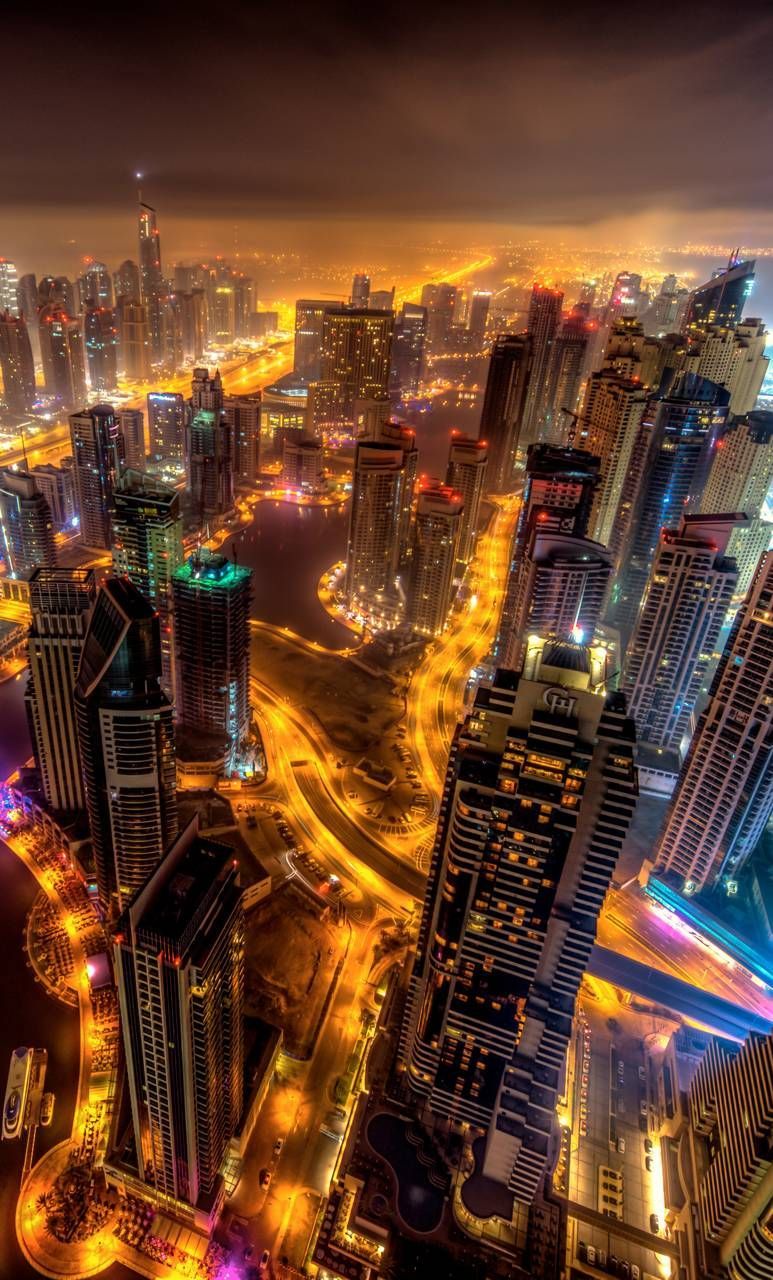 Dubai Marina, Dubai, Wolkenkratzer, Vogelperspektive, Nacht, Hochformat, HD, Handy-Hintergrund