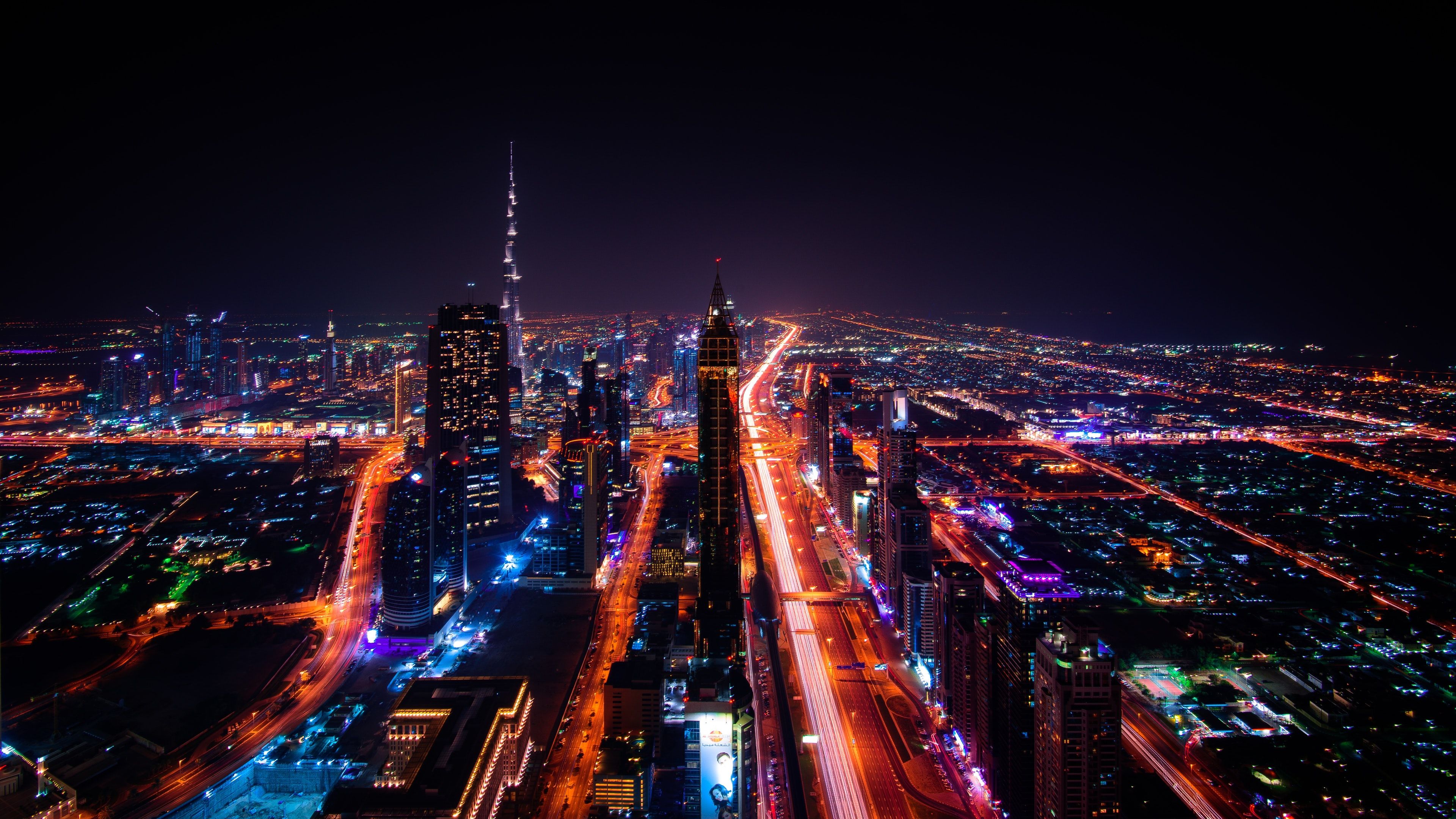 Burj Khalifa, Dubai, Nacht, Luftaufnahme, Stadtlichter, Straßen, 3840x2160, PC-Hintergrundbild