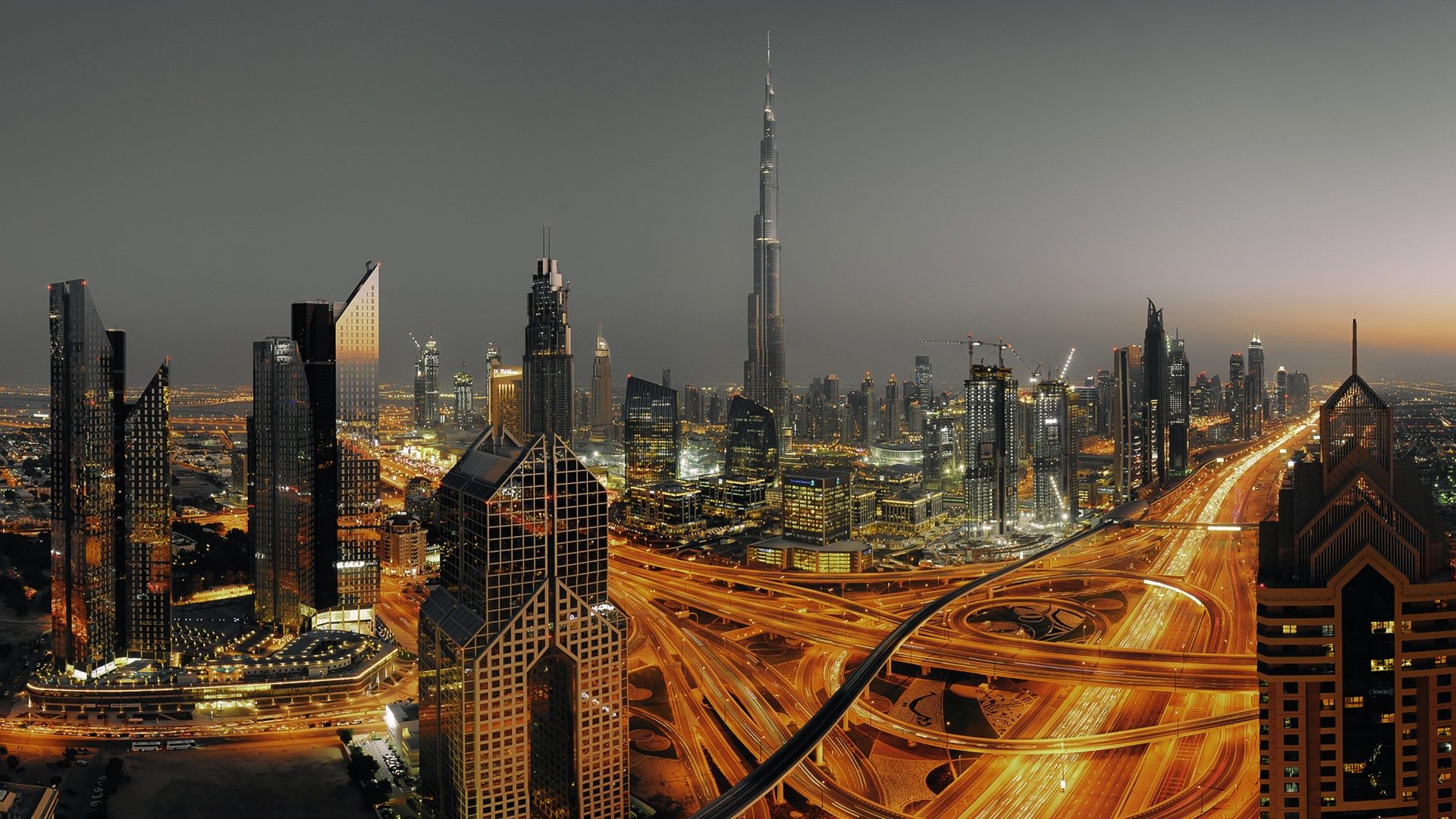 Burj Khalifa, Sheikh Zayed Road, Dubai, Lichtspuren, Dämmerung, Skyline, 1920x1080, PC-Hintergrundbild