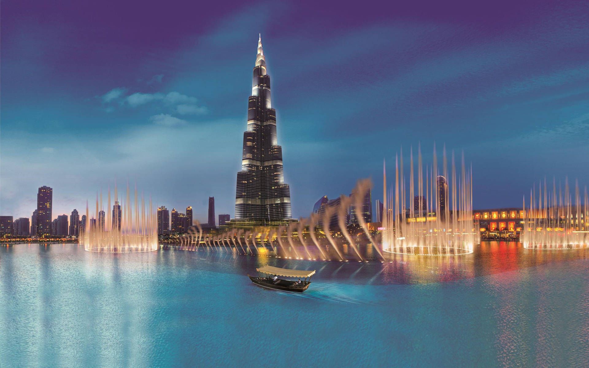 Burj Khalifa, Dubai Fountain, Dubai, Wasserspiele, Dämmerung, Abra-Boot, Full-HD-Hintergrundbild für PC