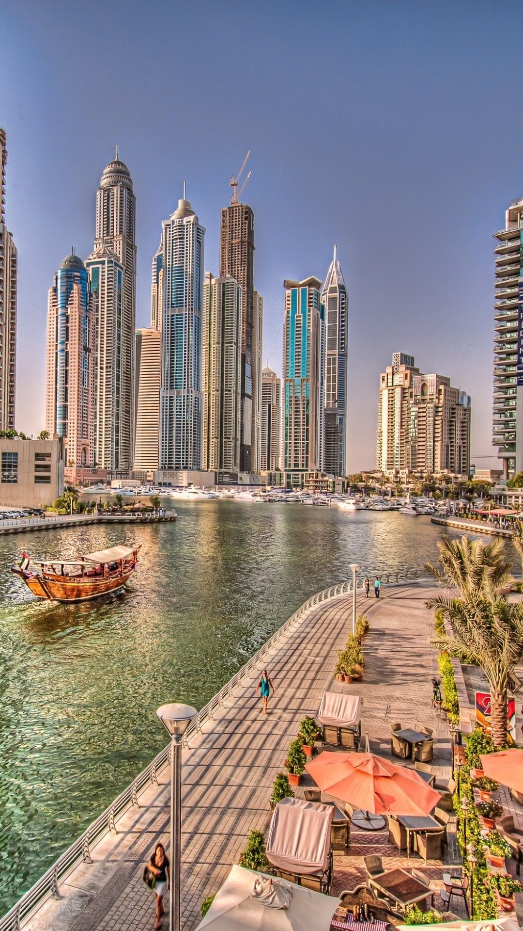 Dubai Marina, Dubai, Promenade, Kanal, Hochformat, Wolkenkratzer, Full HD, Handy-Hintergrundbild