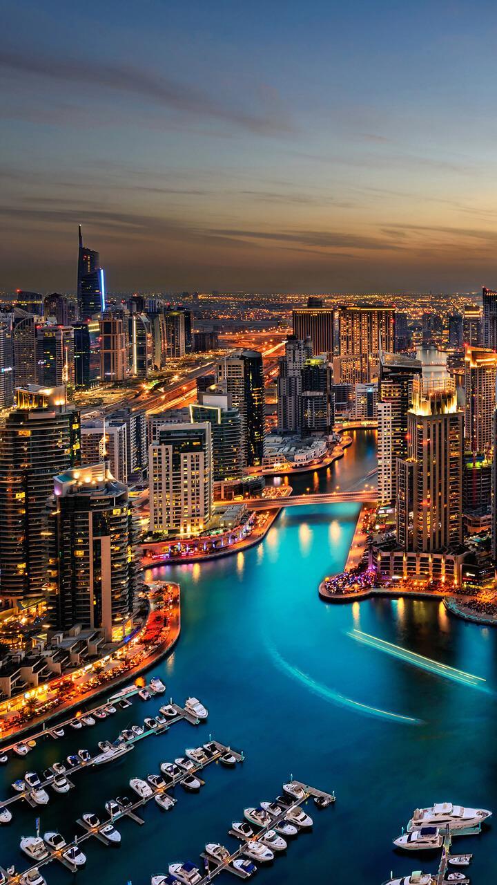 Dubai Marina, Dubai, Yachthafen, Abenddämmerung, Hochformat, Luftaufnahme, HD, Handy-Hintergrund