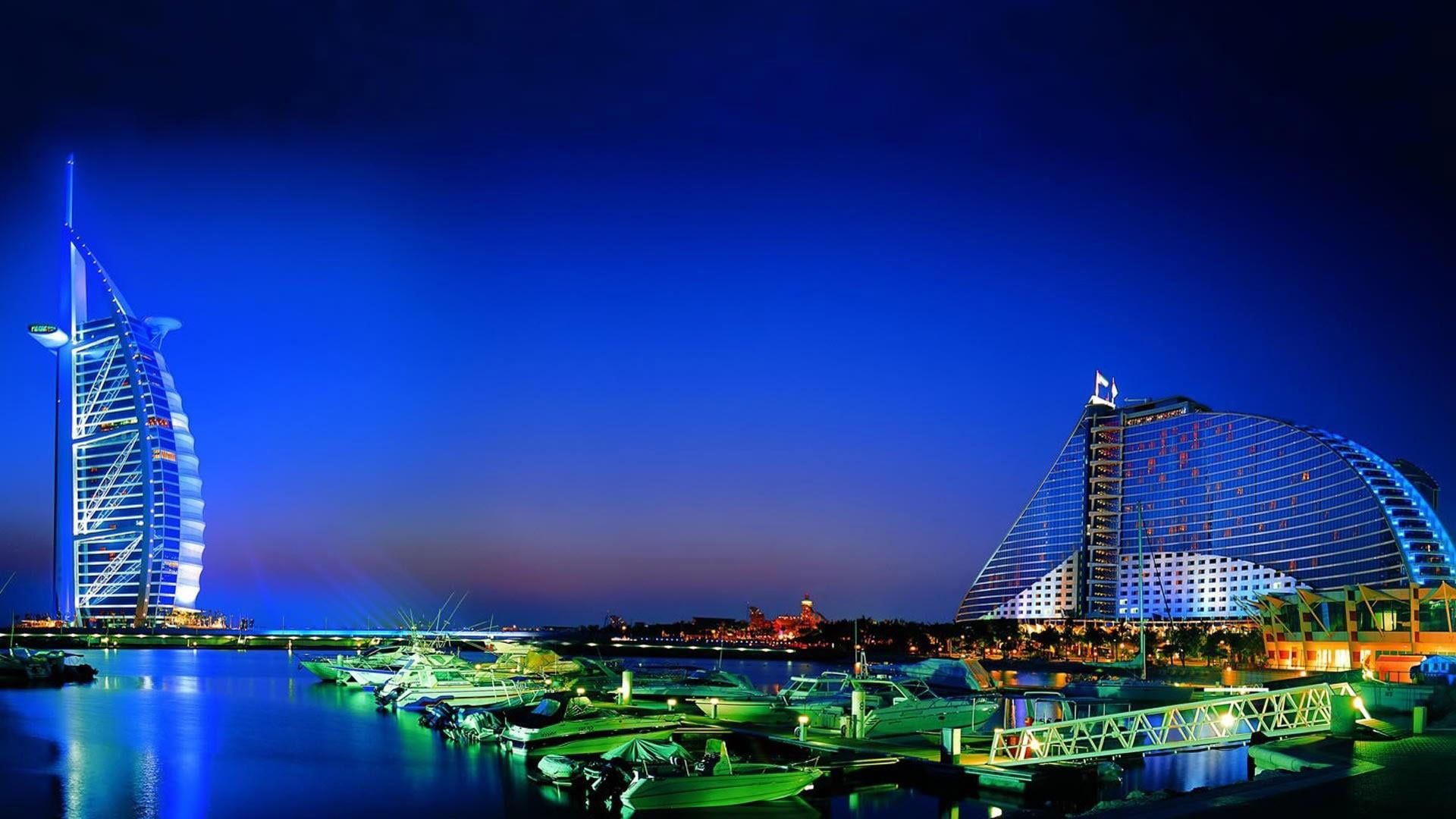 Burj al Arab, Jumeirah Beach Hotel, Dubai, Blaue Stunde, Beleuchtung, Nacht, Full-HD-Hintergrundbild