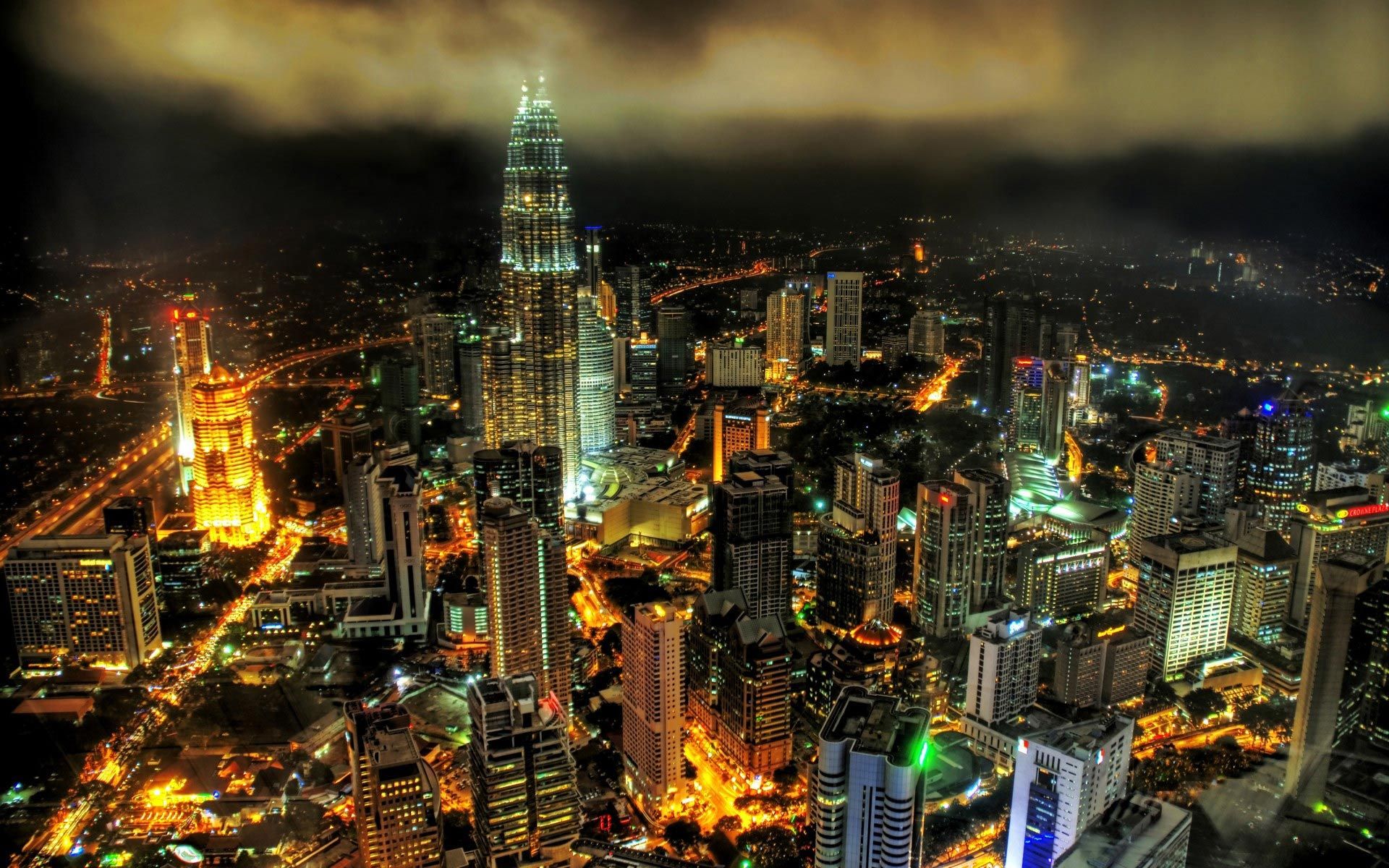 Dubai, Wolkenkratzer, Luftaufnahme, Nacht, Goldene Lichter, Tilt-Shift, Full HD, Windows-Hintergrundbild