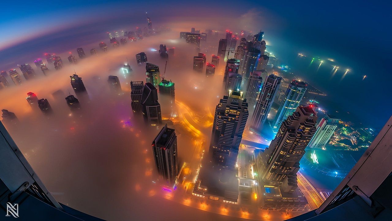 Dubai Marina, Dubai, Nebel, Luftaufnahme, Wolkenkratzer, Nacht, Fischauge, HD, Breitbild-Hintergrundbild