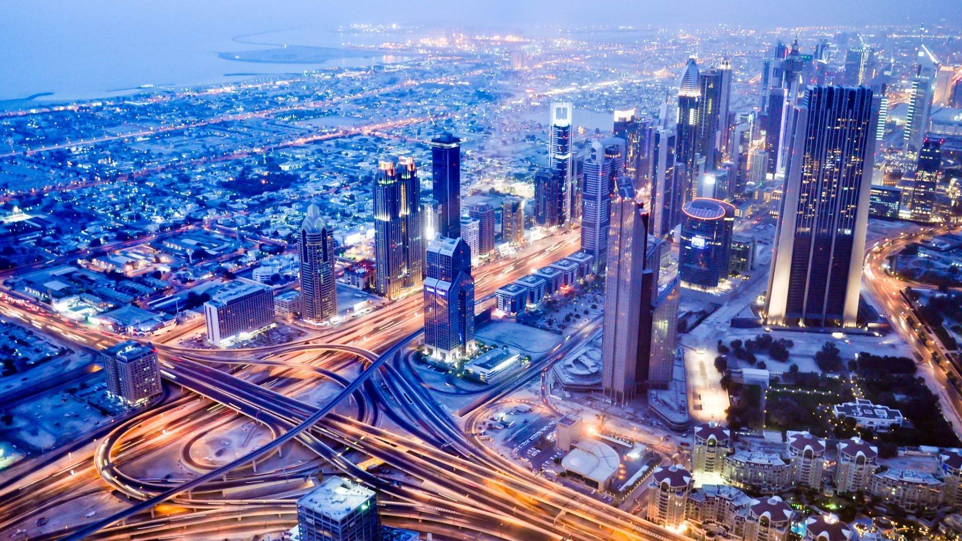 Downtown Dubai, Dubai, Luftaufnahme, Autobahnkreuz, Lichtspuren, Wolkenkratzer, 1080p-Hintergrundbild