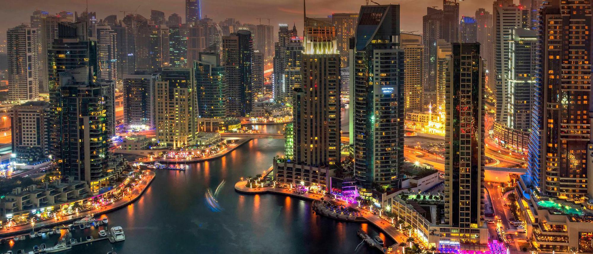 Dubai Marina, Dubai, Kanal, Wolkenkratzer, Nacht, Stadtlichter, Full HD, PC-Hintergrundbild