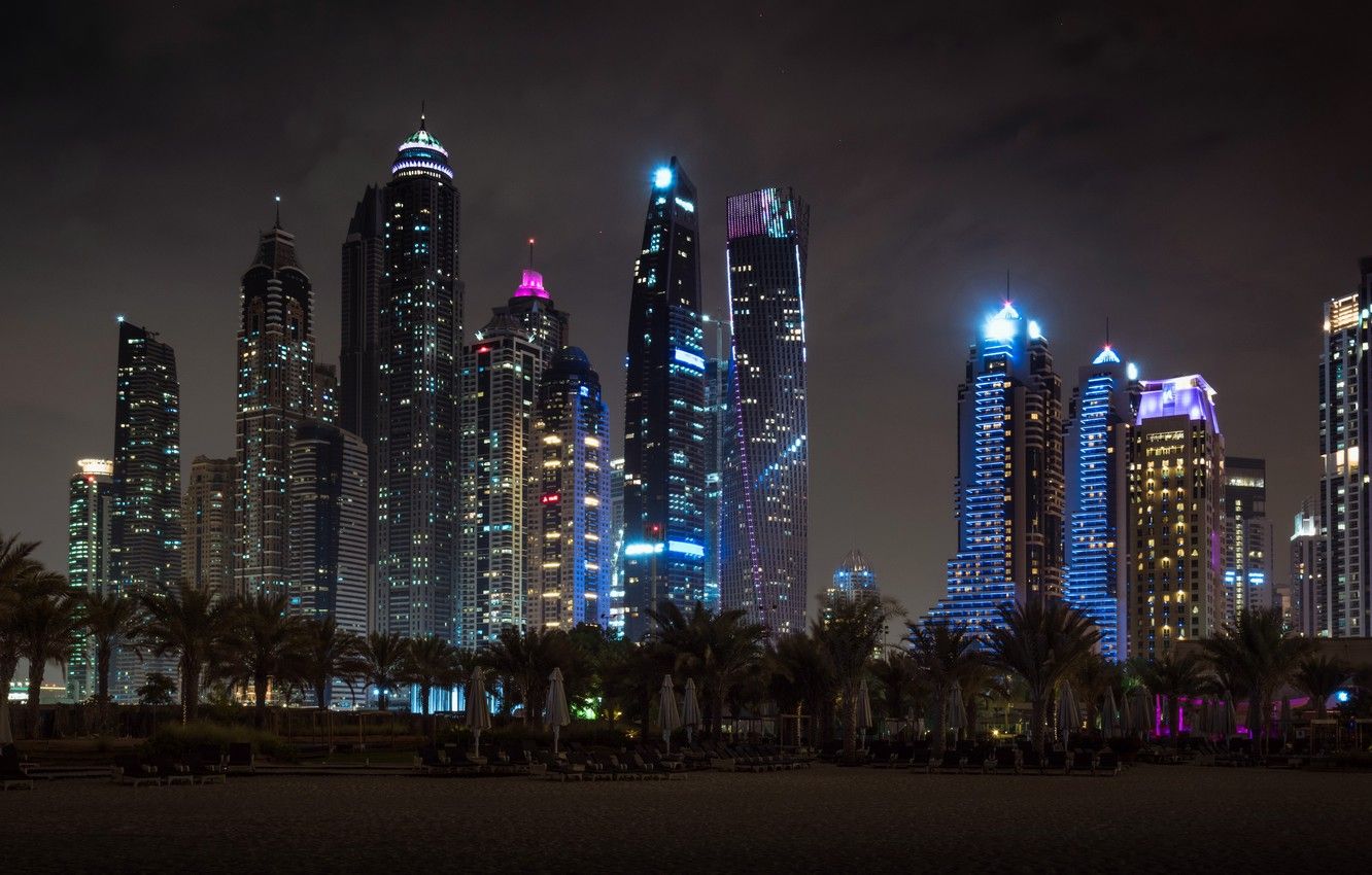 Dubai Marina, Dubai, Skyline, Nacht, Palmen, Strand, HD, Hintergrundbild für den PC