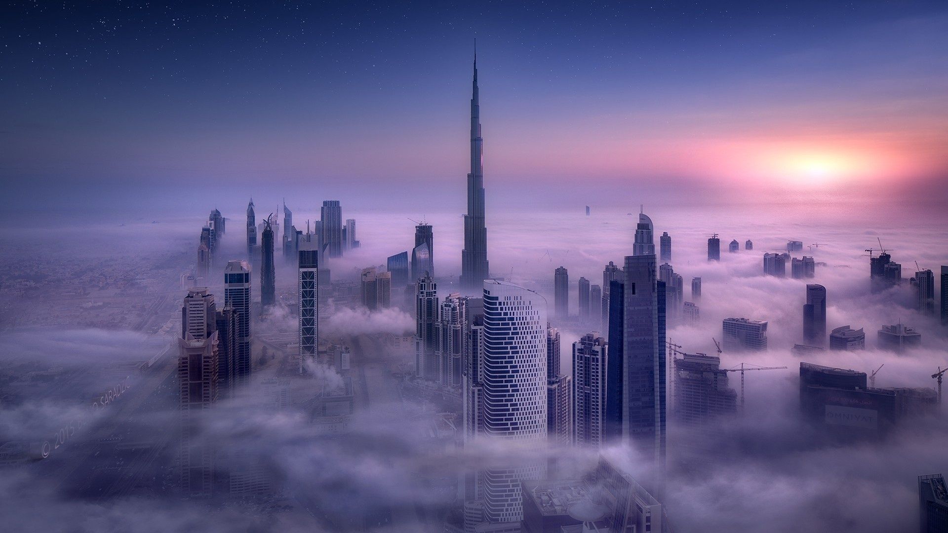 Burj Khalifa, Dubai, Nebel, Wolkenmeer, Sonnenaufgang, Lila Himmel, 1920x1080, Desktop-Hintergrund