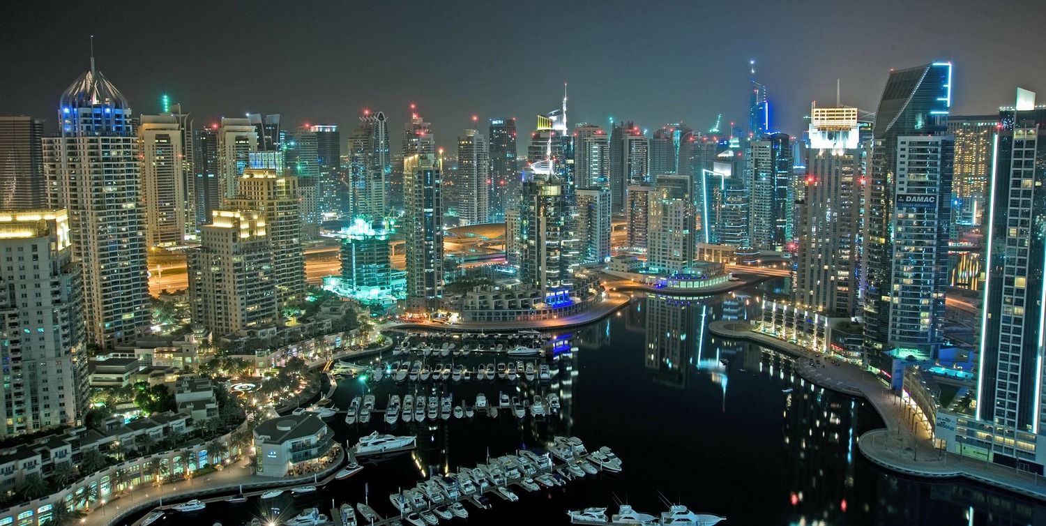 Dubai Marina, Dubai, Yachthafen, Nacht, Wolkenkratzer, Luftaufnahme, HD, Windows-Hintergrundbild
