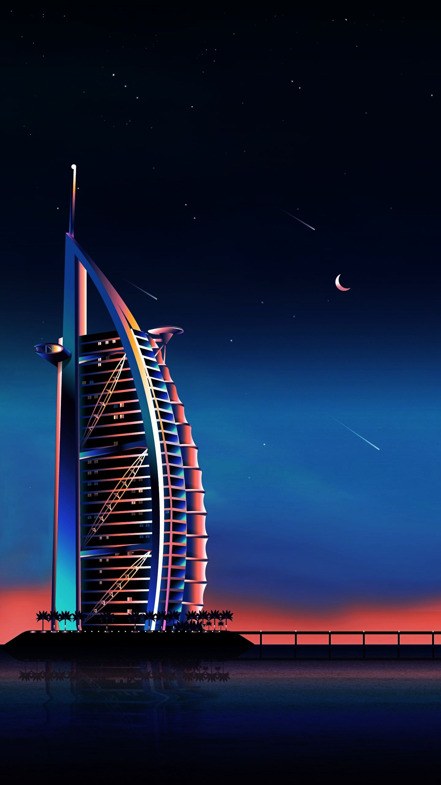 Burj al Arab, Dubai, Nacht, Mondsichel, Hochformat, QHD+, Sperrbildschirm fürs iPhone