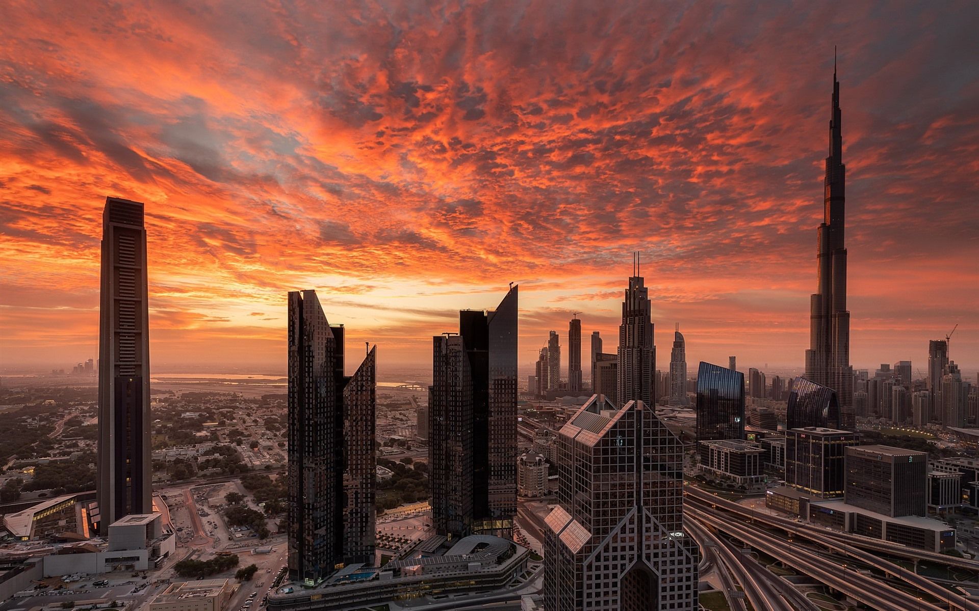 Burj Khalifa, Dubai, Feuerroter Himmel, Sonnenuntergang, Skyline, Wolkenkratzer, Full-HD-Hintergrundbild