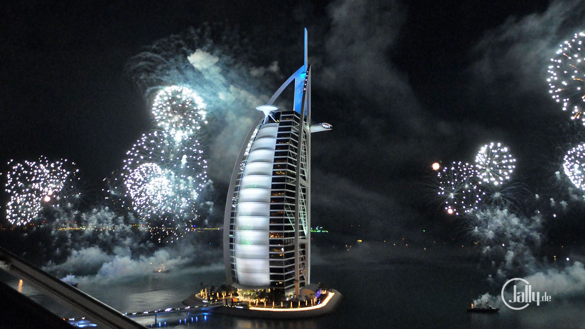 Burj al Arab, Dubai, Feuerwerk, Silvester, Nacht, Full HD 1080p, Desktop-Hintergrundbild