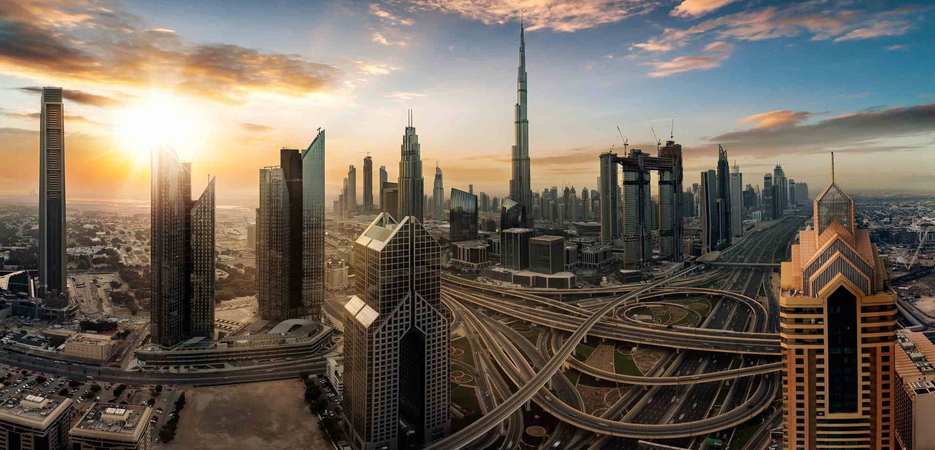 Burj Khalifa, Sheikh Zayed Road, Dubai, Sonnenaufgang, Skyline, Autobahnkreuz, Full-HD-Hintergrundbild