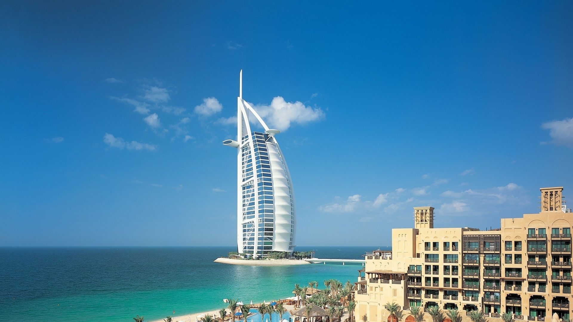 Burj al Arab, Madinat Jumeirah, Dubai, Strand, Türkises Meer, Blauer Himmel, 1080p Wallpaper