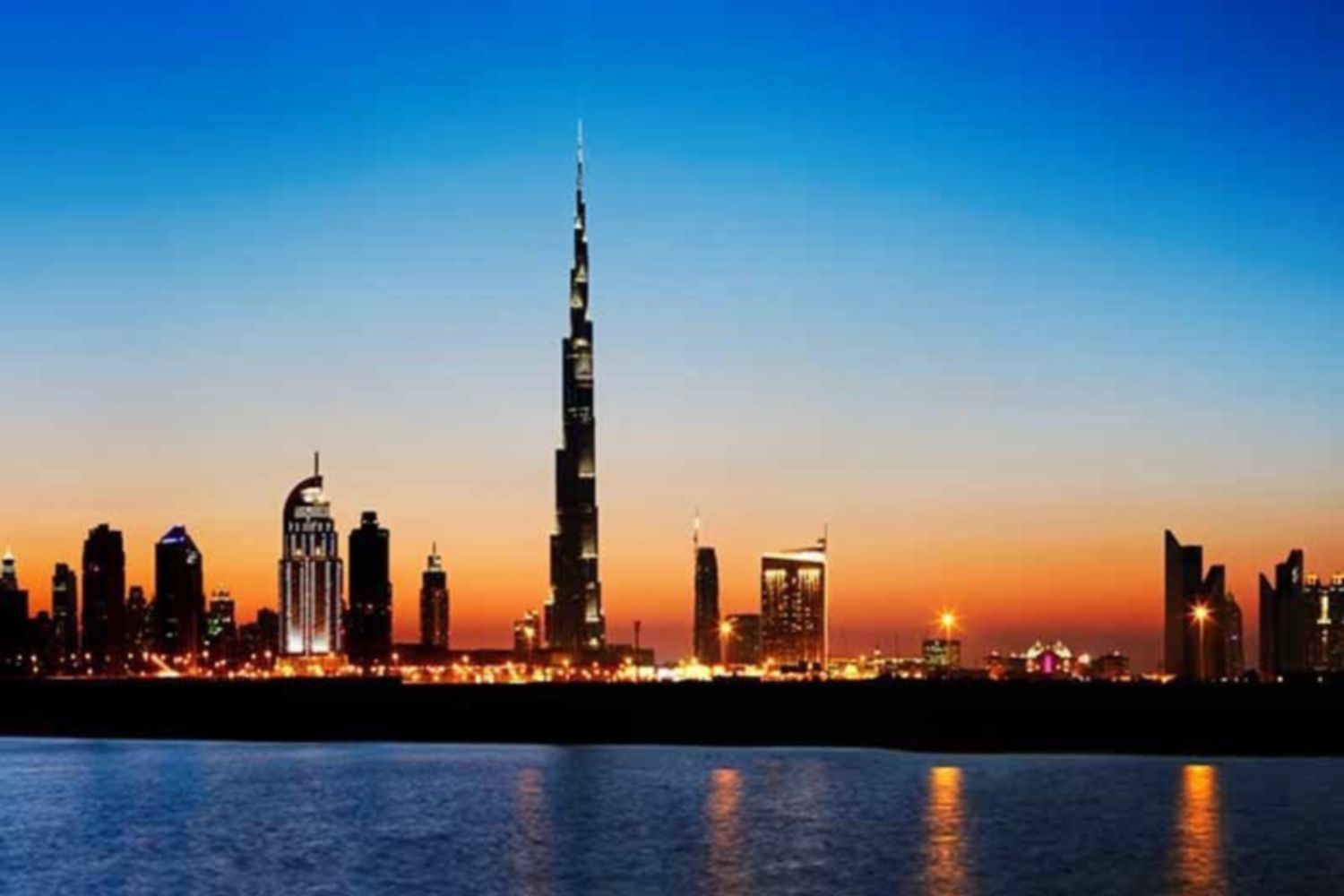 Burj Khalifa, Dubai, Silhouette, Sonnenuntergang, Skyline, Wasser, HD, Laptop-Hintergrundbild