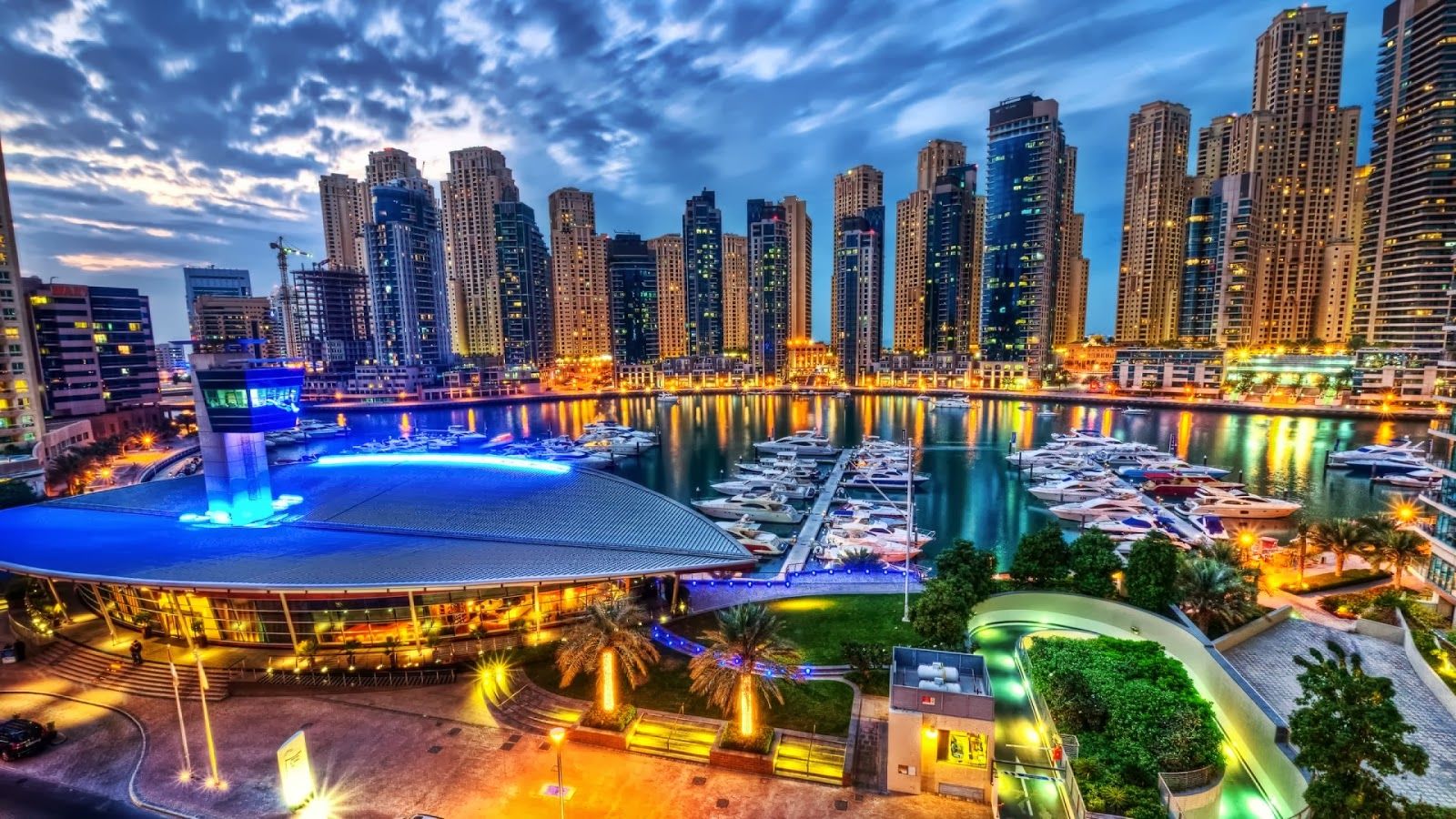 Dubai Marina, Dubai, Yachthafen, Wolkenkratzer, HDR, Blaue Stunde, Wolken, HD-Hintergrundbild für PC