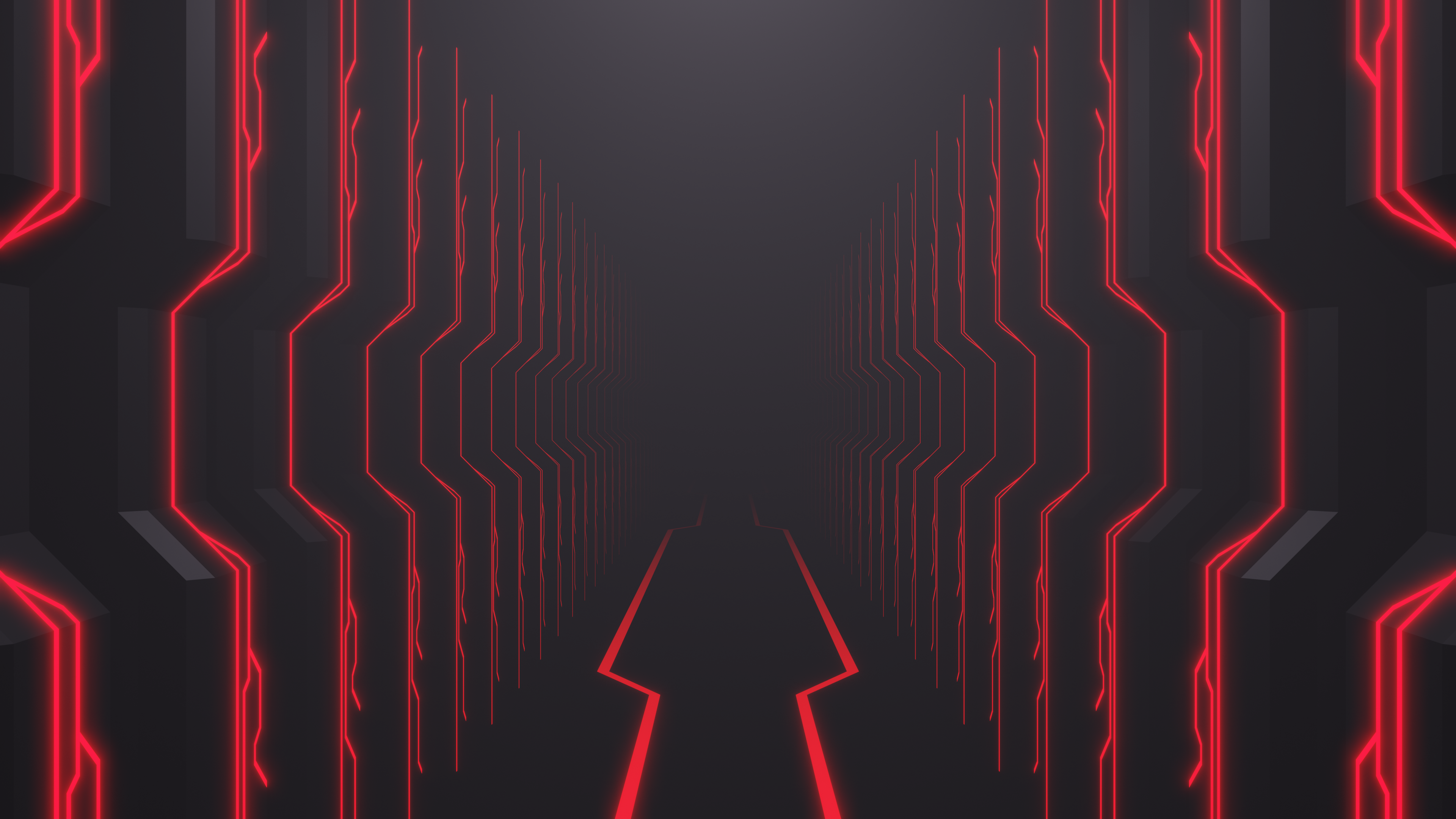 Rote Neonlinien, Gaming, Tech-Design, Symmetrie, Abstrakt, 4K, Desktop-Hintergrund