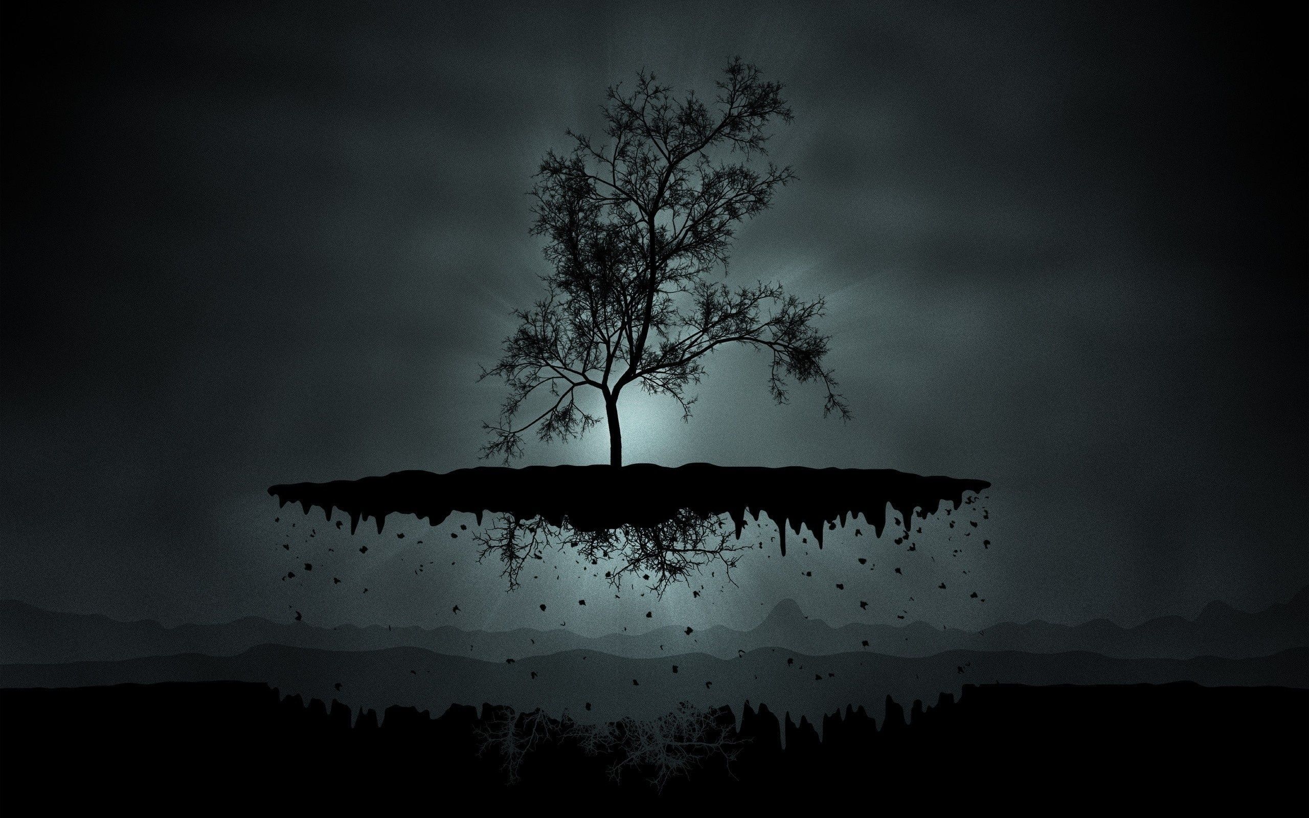 Schwebende Insel, Baum, Nebel, Surreal, Mondlicht, 2K, Hintergrundbild für den PC